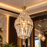 Suspension luminaire en cristal et finition dorée